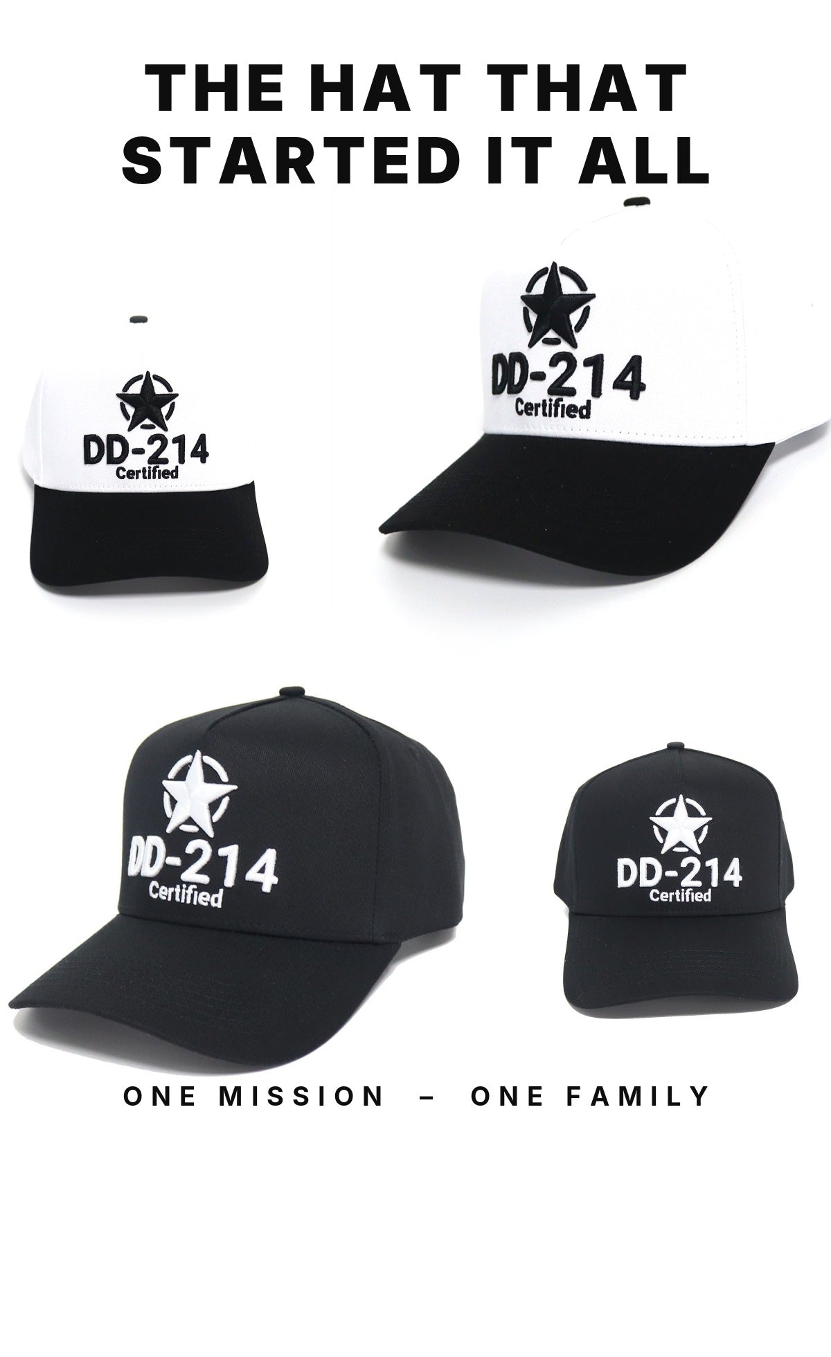 The hat that started it all: white and black and all black DD-214 Certified snapback hats, mobile banner