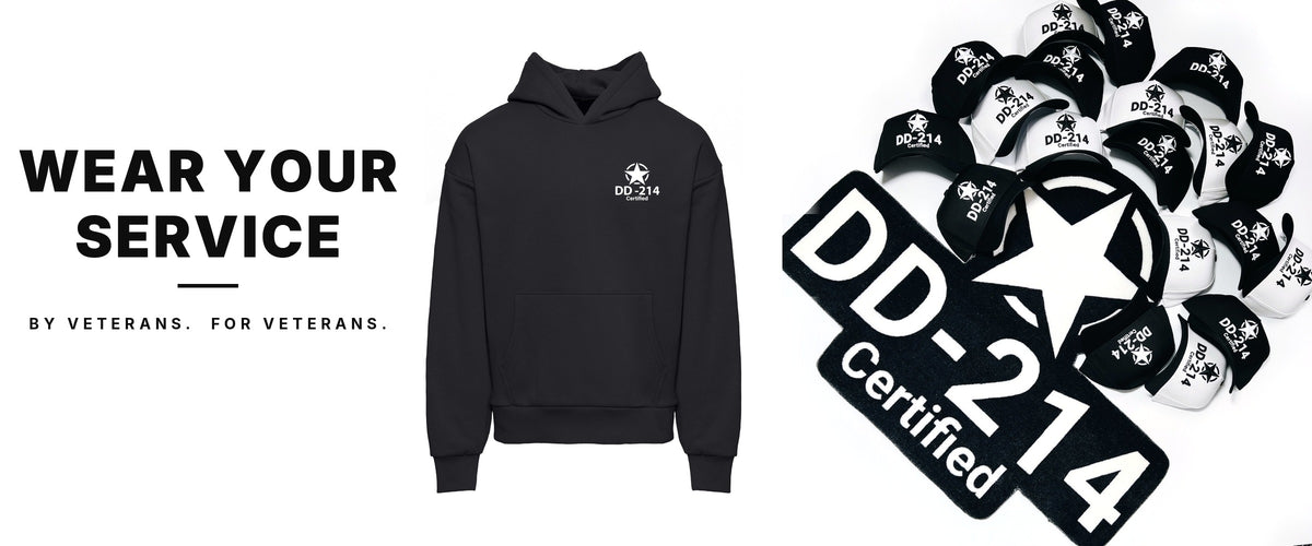 Wear your service: black DD-214 Certified hoodie and snapback hats, by veterans, for veterans