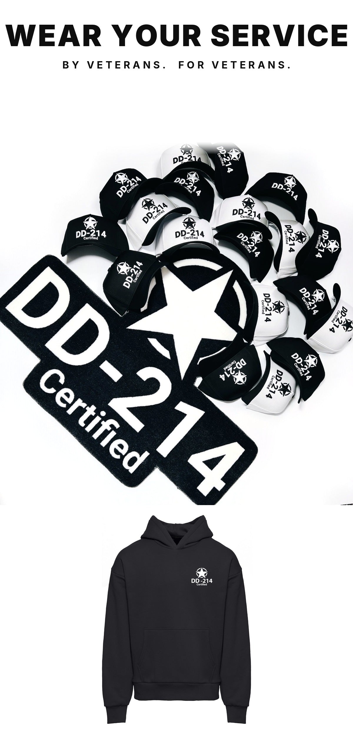 Wear your service: black DD-214 Certified hoodie and snapback hats, by veterans, for veterans, mobile banner